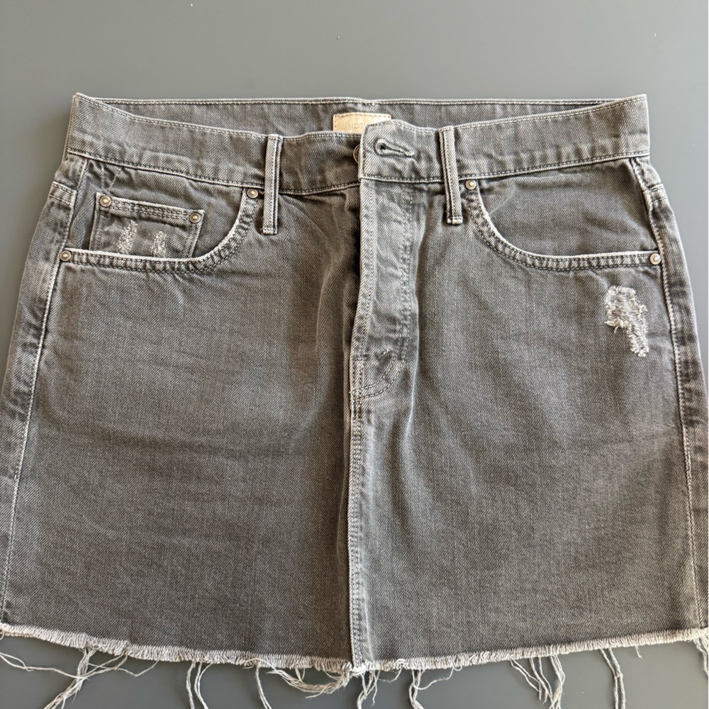 Mother denim Vagabond gray distressed denim skirt button fly size 26